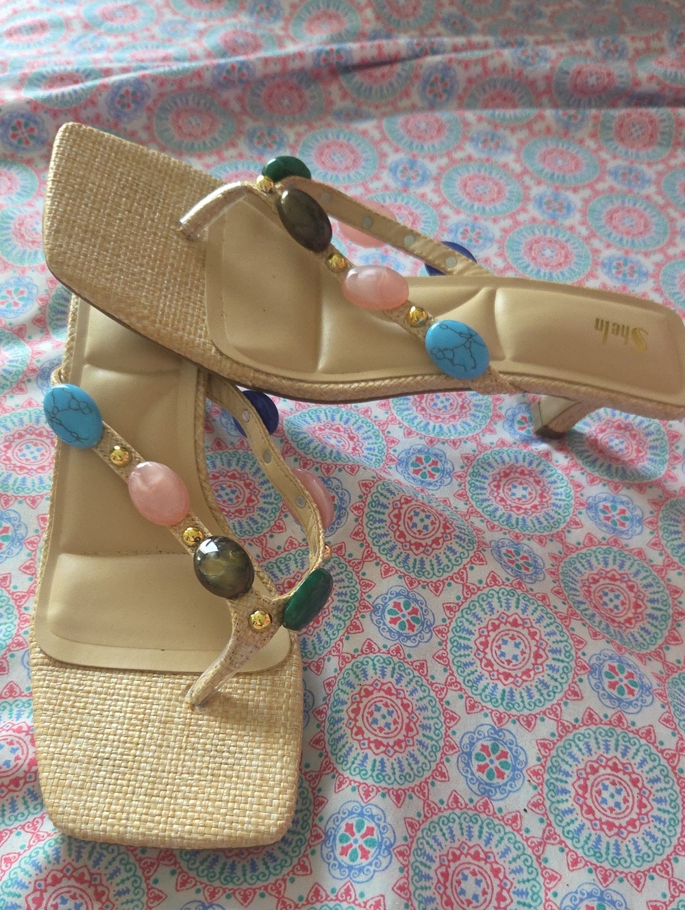 SHEIN Beige Jeweled Thong Heels with Multicolored Gem Accents